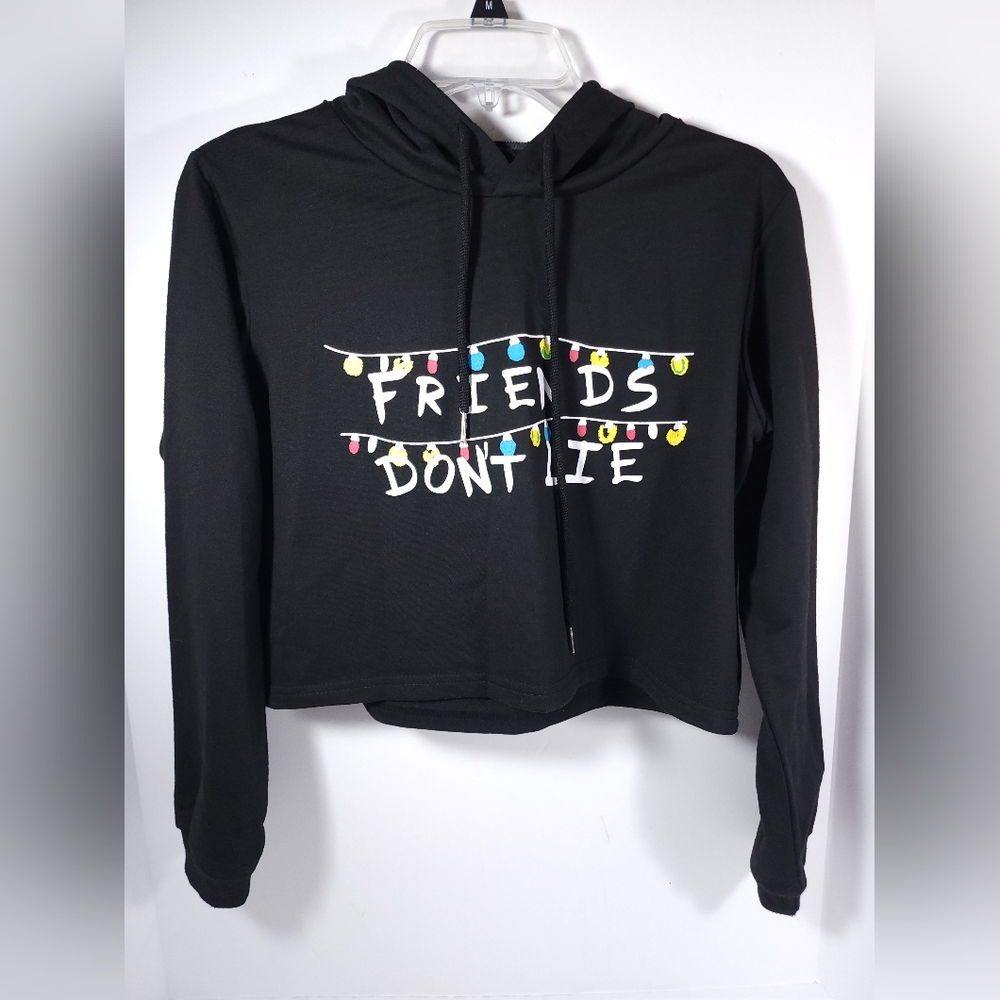 Shein "Friends Don't Lie" Women's Crop Hoodie Sweatshirt Size Small Black